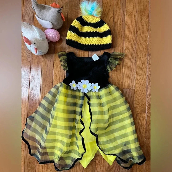 Halloween BEE Dress Costume Toddler Yellow Black Floral Striped Hat Beanie T3/T4 - Picture 2 of 16
